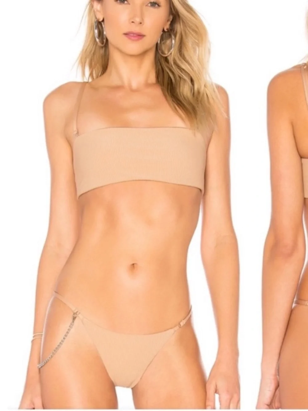 Frankies Bikinis Scarlet Ribbed Bandeau Bikini Set Top & Bottoms in Tan Nude